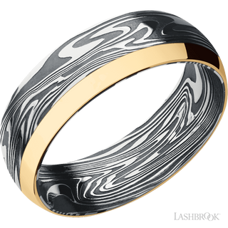 7 mm wide/Domed/Kinetic band with one 2 mm Off Center Edge inlay of 14K Yellow Gold.