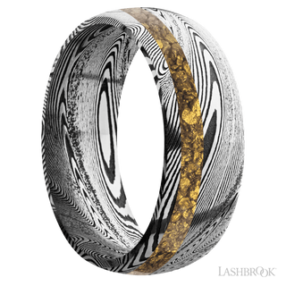 8 mm wide/Domed/Tightweave band with one 2 mm Off Center inlay of Alaskan Gold Nugget.