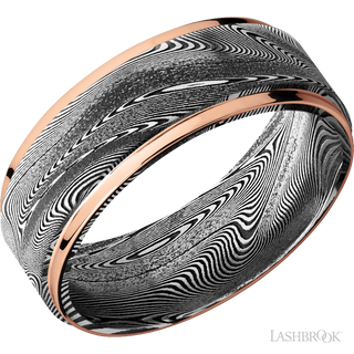 8 mm wide/Flat Grooved Edges/Tightweave band with two 1 mm Edge inlays of 14K Rose Gold.