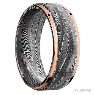 8 mm wide/Flat Grooved Edges/Tightweave band with two 1 mm Edge inlays of 14K Rose Gold.