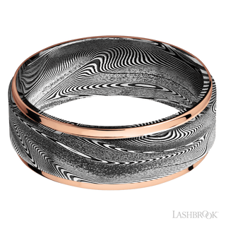 8 mm wide/Flat Grooved Edges/Tightweave band with two 1 mm Edge inlays of 14K Rose Gold.