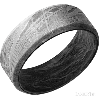8 mm wide Beveled Meteorite band featuring a Forged Carbon Fiber sleeve.