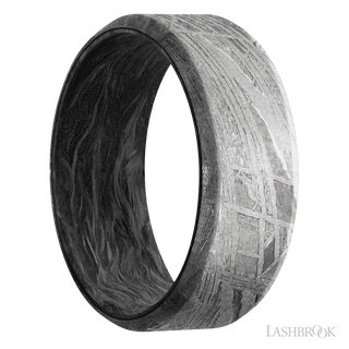 8 mm wide Beveled Meteorite band featuring a Forged Carbon Fiber sleeve.