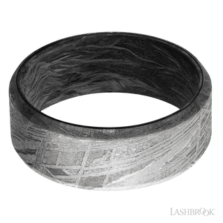8 mm wide Beveled Meteorite band featuring a Forged Carbon Fiber sleeve.