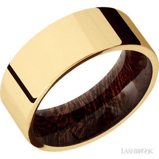8 mm wide Flat 14K Yellow Gold band featuring a Sapele sleeve.