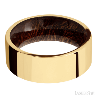 8 mm wide Flat 14K Yellow Gold band featuring a Sapele sleeve.