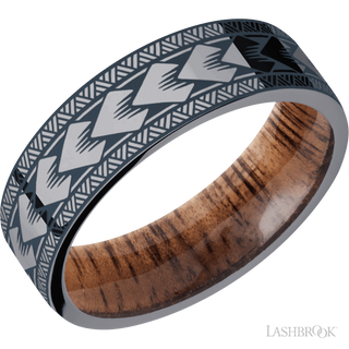 7 mm wide/Flat/Tantalum band with a laser carved Maori pattern also featuring a Koa sleeve.