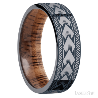 7 mm wide/Flat/Tantalum band with a laser carved Maori pattern also featuring a Koa sleeve.
