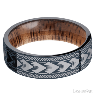 7 mm wide/Flat/Tantalum band with a laser carved Maori pattern also featuring a Koa sleeve.