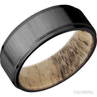 8 mm wide Flat Grooved Edges Zirconium band featuring a Spalted Tamarind sleeve.