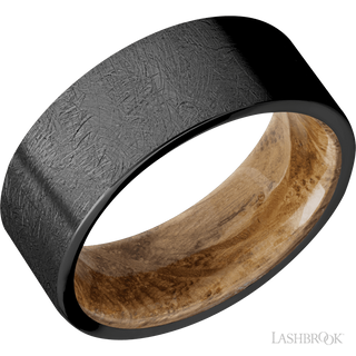 8 mm wide Flat Zirconium band featuring a Whiskey Barrel sleeve.