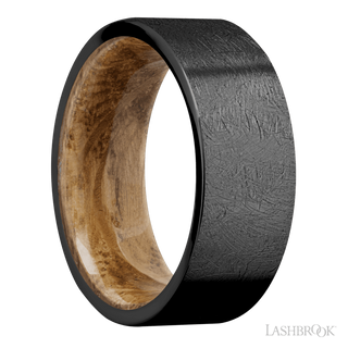 8 mm wide Flat Zirconium band featuring a Whiskey Barrel sleeve.