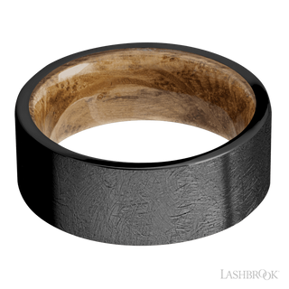 8 mm wide Flat Zirconium band featuring a Whiskey Barrel sleeve.