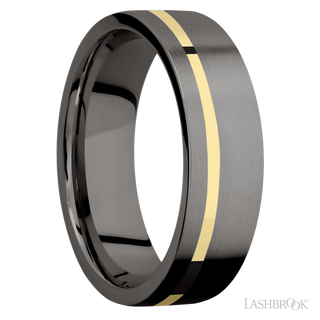 7 mm wide/Flat/Tantalum Noir band with one 1 mm Off Center inlay of 14K Yellow Gold.