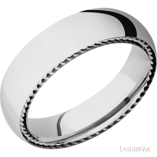 6 mm wide/Domed/14K White Gold band with two 1 mm Sidebraid inlays of 14K White Gold.