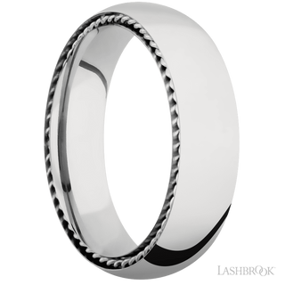 6 mm wide/Domed/14K White Gold band with two 1 mm Sidebraid inlays of 14K White Gold.