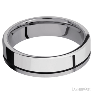 6 mm wide/Flat/Tantalum band with one 4 mm Off Center Edge inlay of Palladium Silver.
