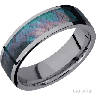 7 mm wide/Flat/Tantalum band with one 5 mm Centered inlay of Black Mother of Pearl.