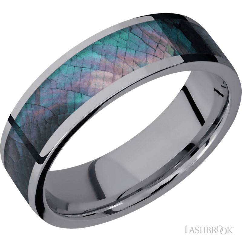 7 mm wide/Flat/Tantalum band with one 5 mm Centered inlay of Black Mother of Pearl.