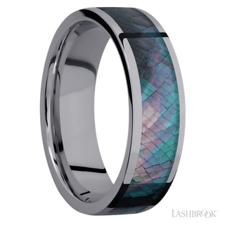 7 mm wide/Flat/Tantalum band with one 5 mm Centered inlay of Black Mother of Pearl.