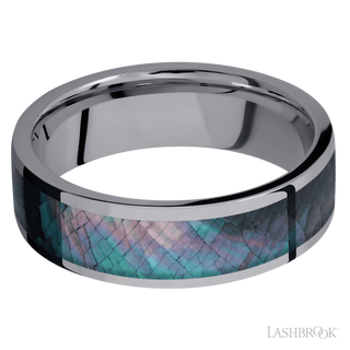 7 mm wide/Flat/Tantalum band with one 5 mm Centered inlay of Black Mother of Pearl.
