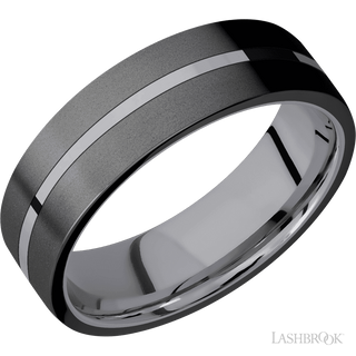 7 mm wide/Flat/Tantalum band with two 3 mm Double Off Center Edge inlays of Zirconium.