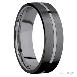 7 mm wide/Flat/Tantalum band with two 3 mm Double Off Center Edge inlays of Zirconium.