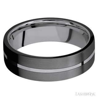 7 mm wide/Flat/Tantalum band with two 3 mm Double Off Center Edge inlays of Zirconium.