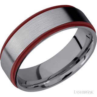 7 mm wide/Flat Grooved Edges/Tantalum band with two 1 mm Edge inlays of Crimson.