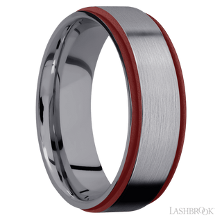7 mm wide/Flat Grooved Edges/Tantalum band with two 1 mm Edge inlays of Crimson.