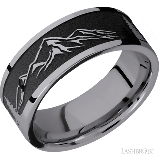 8 mm wide/Flat/Tantalum band with a laser carved Mountain 2 pattern.
