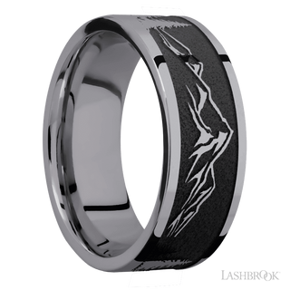 8 mm wide/Flat/Tantalum band with a laser carved Mountain 2 pattern.