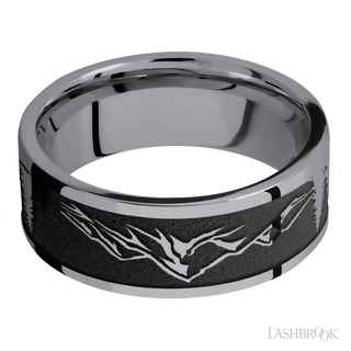 8 mm wide/Flat/Tantalum band with a laser carved Mountain 2 pattern.