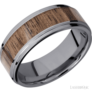 8 mm wide/Flat Grooved Edges/Tantalum band with one 5 mm Centered inlay of Walnut.