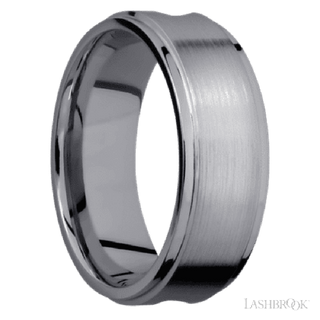 8 mm wide/Flat Grooved Edges/Tantalum band with one 5 mm Centered inlay of Walnut.
