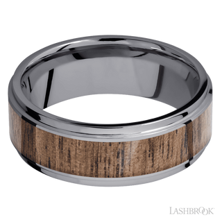 8 mm wide/Flat Grooved Edges/Tantalum band with one 5 mm Centered inlay of Walnut.