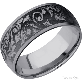 9 mm wide/Domed/Tantalum band with a laser carved Western Scroll pattern.