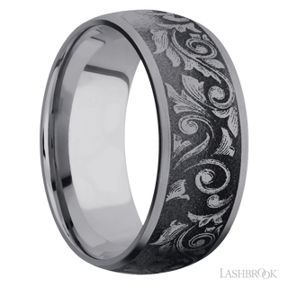 9 mm wide/Domed/Tantalum band with a laser carved Western Scroll pattern.