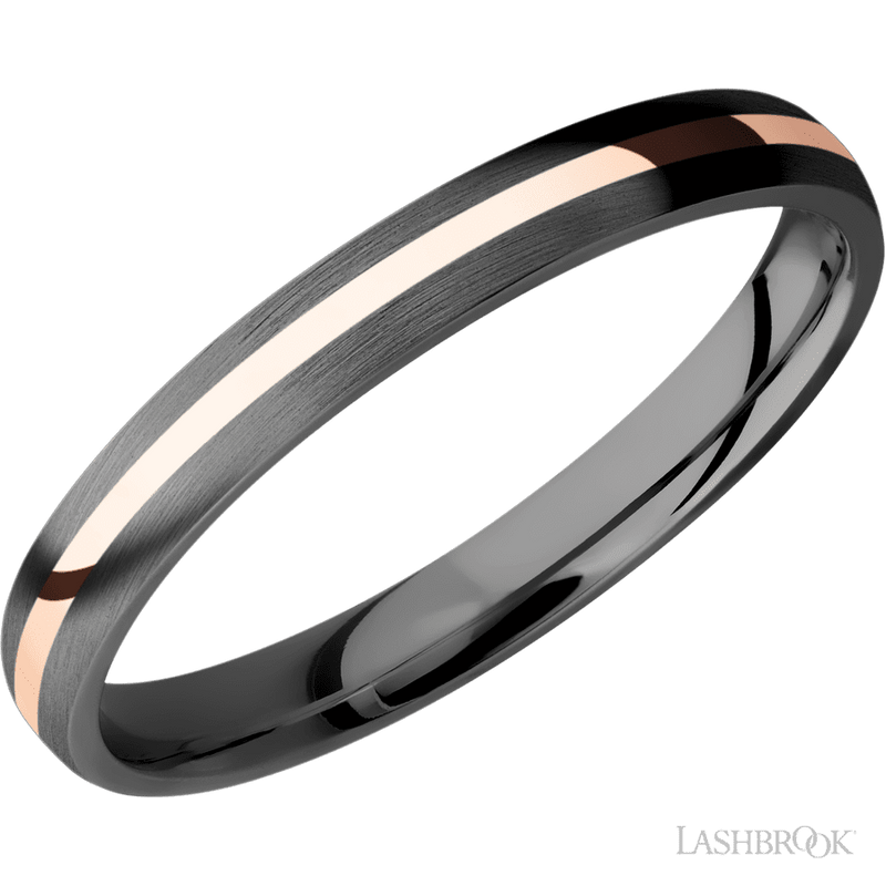 3 mm wide/Domed/Zirconium band with one 1 mm Centered inlay of 14K Rose Gold.