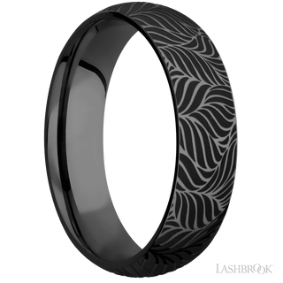 6 mm wide/Domed/Zirconium band with a laser carved Twisted Leaf pattern.