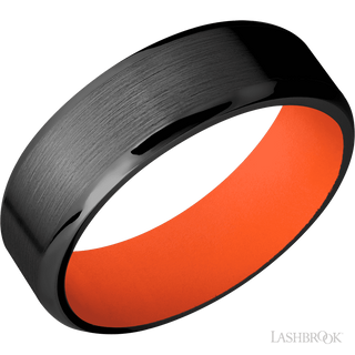 7 mm wide Beveled Zirconium band featuring a Hunter Orange sleeve.