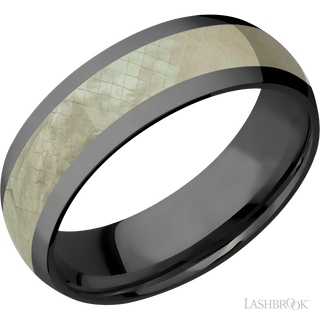 7 mm wide/Domed/Zirconium band with one 4 mm Centered inlay of Freshwater Mother of Pearl.