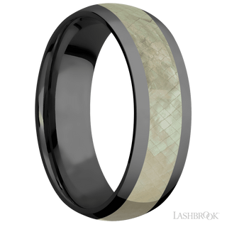 7 mm wide/Domed/Zirconium band with one 4 mm Centered inlay of Freshwater Mother of Pearl.