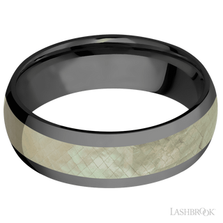 7 mm wide/Domed/Zirconium band with one 4 mm Centered inlay of Freshwater Mother of Pearl.