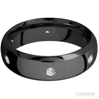 7 mm wide/Domed Bevel/Zirconium band with a 6X Even arrangement of .07 carat Round Diamond stones in a Flush setting.