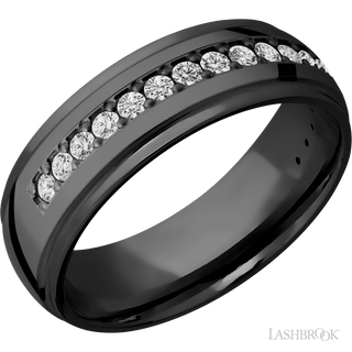 7 mm wide/Domed Stepped Down Edges/Zirconium band with a Half Eternity arrangement of .03 carat Round Diamond stones in a Bead setting.
