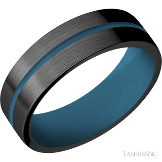 7 mm wide/Flat/Zirconium band with one 1 mm Centered inlay of Royal Blue also featuring a Royal Blue sleeve.
