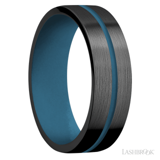 7 mm wide/Flat/Zirconium band with one 1 mm Centered inlay of Royal Blue also featuring a Royal Blue sleeve.