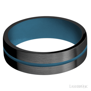 7 mm wide/Flat/Zirconium band with one 1 mm Centered inlay of Royal Blue also featuring a Royal Blue sleeve.