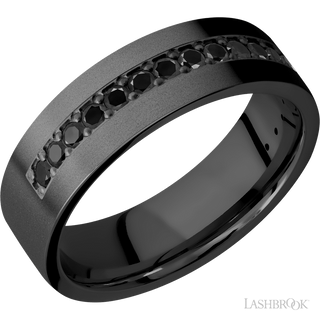 7 mm wide/Flat/Zirconium band with a Half Eternity arrangement of .03 carat Round Black Diamond stones in a Bead setting.